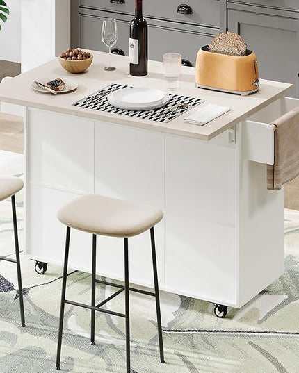 51.06 Inch Rolling Kitchen Cart with Trash Can Storage Cabinet & Drop Leaf, Portable Mobile Islands Table w/Adjustable Shelf, Spice, Towel Rack and Drawers, for Dining Room, White - LeafyLoom