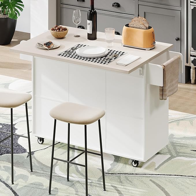51.06 Inch Rolling Kitchen Cart with Trash Can Storage Cabinet & Drop Leaf, Portable Mobile Islands Table w/Adjustable Shelf, Spice, Towel Rack and Drawers, for Dining Room, White - LeafyLoom