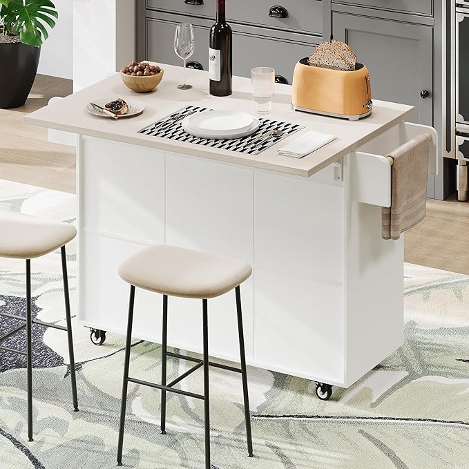Kitchen Island with Trash Can Storage Cabinet, Kitchen Cart with Drop Leaf, Spice Rack, Towel Rack and Drawer, Rolling Kitchen Island on Wheels with Adjustable Shelf, White - LeafyLoom