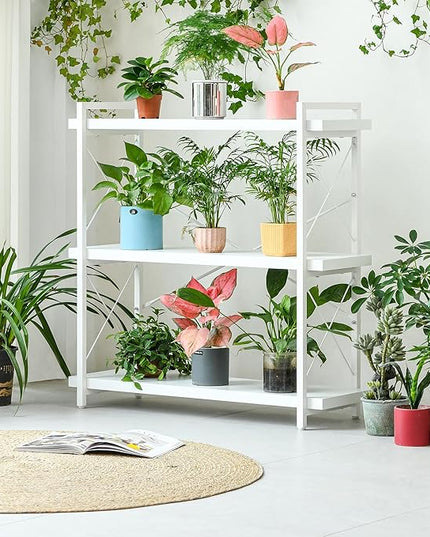HCHQHS Bookshelf, 3-Tier Industrial Bookcase, White Open Book Shelf, Freestanding Horizontal Bookshelves with Metal Frame - LeafyLoom