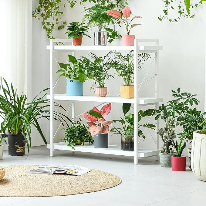 HCHQHS Bookshelf, 3-Tier Industrial Bookcase, White Open Book Shelf, Freestanding Horizontal Bookshelves with Metal Frame - LeafyLoom