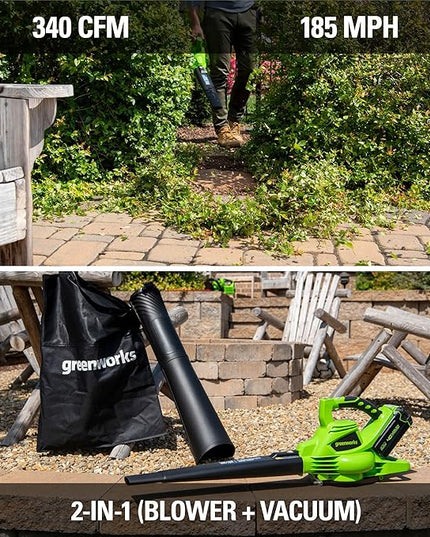 Greenworks 40V (185 MPH / 340 CFM / 75+ Compatible Tools) Cordless Brushless Leaf Blower / Vacuum, 4.0Ah Battery and Charger Included - LeafyLoom