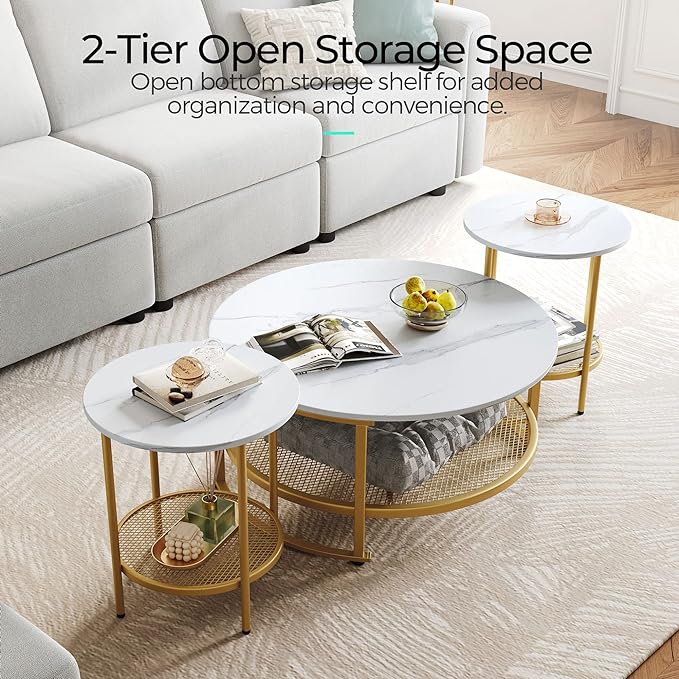 LINSY Home Round Coffee Table Set of 3 for Living Room, Modern Coffee Table with Open Storage, Wood Surface Top & Sturdy Metal Legs Large Circle Coffee Table, White and Gold - LeafyLoom