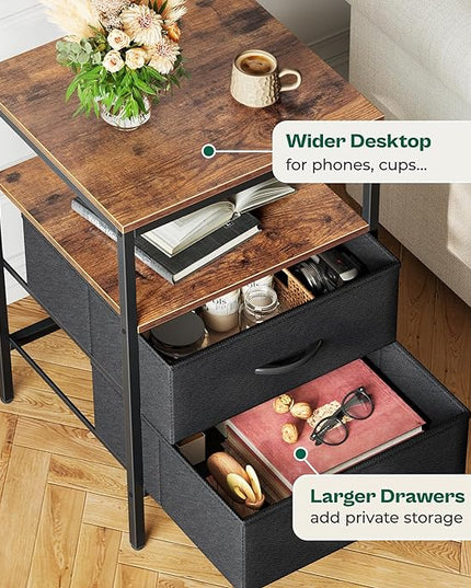 Night Stand with Charger Station, 27.7 Inch Tall Nightstand, Bed Side Table with 2 Fabric Drawers, Fabric Drawer Dresser for Bedroom, Living Room, Rustic Brown and Black - LeafyLoom