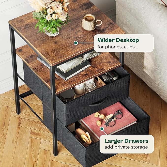 Night Stand with Charger Station, 27.7 Inch Tall Nightstand, Bed Side Table with 2 Fabric Drawers, Fabric Drawer Dresser for Bedroom, Living Room, Rustic Brown and Black - LeafyLoom