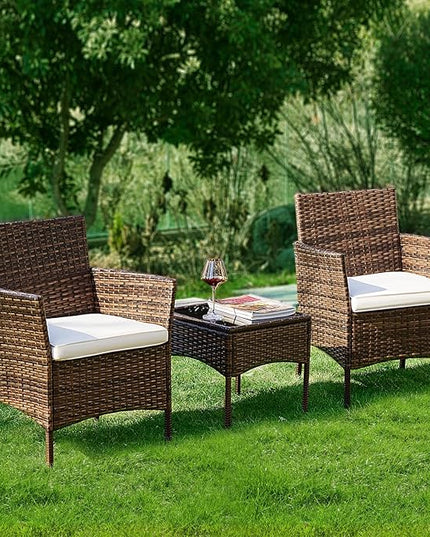 DUMOS Set 3 Pieces Outdoor Furniture with Soft Cushion and Glass Table, All Weather Manual Weaving Wicker Rattan Patio Chairs for Garden, Terrace, Porch, Lawns, Brown - LeafyLoom