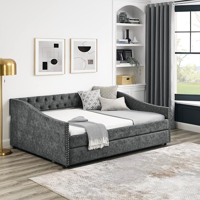 Full Size Upholstered Daybed with Twin Size Trundle, Tufted Full Day Bed w/Button Back and Waved Shape Copper Nail Arms, No Spring Box Needed, Easy Assemble, for Living Room - LeafyLoom