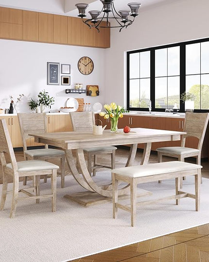 Modern Style Half Round Long Bench & 4 Upholstered Chairs, Easy Assembly and Clean, Rubber Room, Kitchen, 6 Piece Dining Table Set, Natural Wood 25 - LeafyLoom