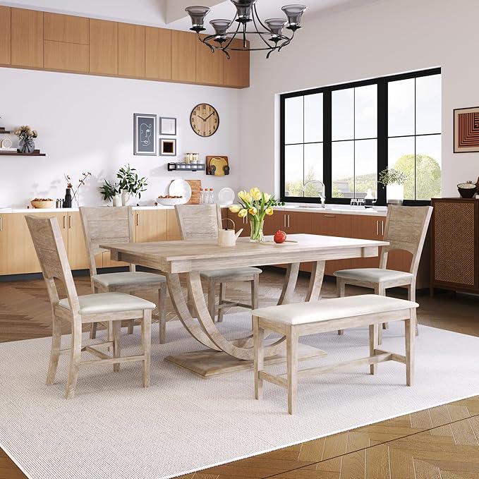 Modern Style Half Round Long Bench & 4 Upholstered Chairs, Easy Assembly and Clean, Rubber Room, Kitchen, 6 Piece Dining Table Set, Natural Wood 25 - LeafyLoom
