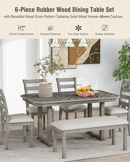 Merax 6-Piece Rubber Wood Dining Table Set with 4 Cushioned Chairs and Bench, Beautiful Grain Pattern Tabletop, 60 x 36 x 30.3 inch, Light Gray - LeafyLoom