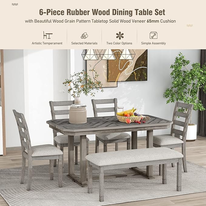Dining Table Set for 6, 6-Piece Rubber Wood Dining Table Set with Beautiful Wood Grain Pattern Tabletop and Soft Cushion, Dining Room Table Set for Living Room, Kitchen, Antique Grey - LeafyLoom