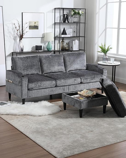 Convertible Sectional Sofa with Movable Storage Ottoman and Cupholders, 3 Seater L-Shaped Corner Couch,Chenille Upholstered Furniture w/Detachable Thicked Cushions for Living Room, Small Space - LeafyLoom