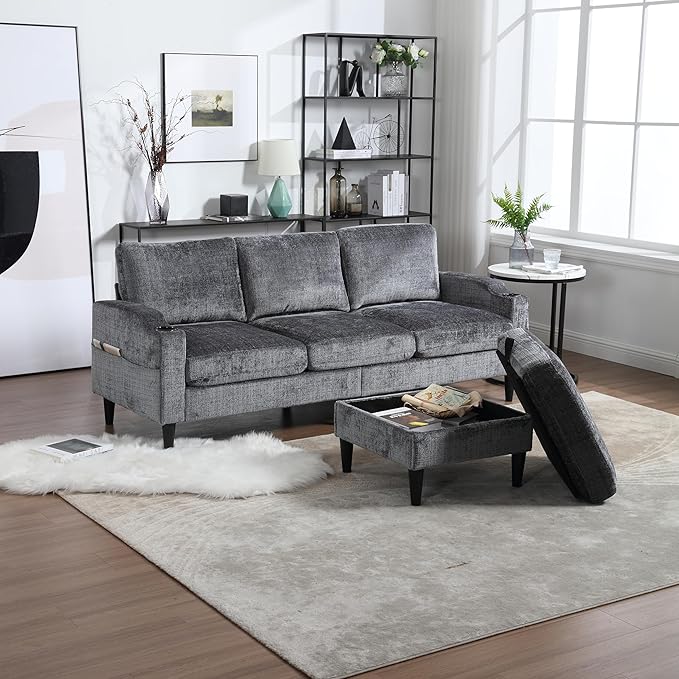 Convertible Sectional Sofa with Movable Storage Ottoman and Cupholders, 3 Seater L-Shaped Corner Couch,Chenille Upholstered Furniture w/Detachable Thicked Cushions for Living Room, Small Space - LeafyLoom