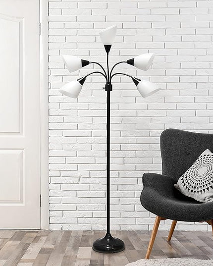 Simple Designs LF2006-BAW 67" Contemporary Multi Head Medusa 5 Light Adjustable Gooseneck Black Floor Lamp with White Shades for Kids Bedroom Playroom Living Room Office - LeafyLoom