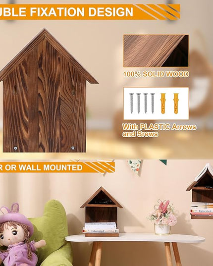 Floating Bedside Wood Bookshelf, Triangle Book Page Holder, Wooden Simple Bookcase for Bedroom Nightstand Library Office or Wall Decor Storage (Brown - LeafyLoom