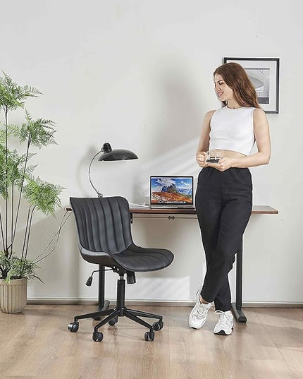 YOUNIKE Office Chair Swivel Desk Chair Upholstered Faux Leather Height Adjustable with Wheels Computer Task Chair Modern Rolling Armless Back, Black, Loads 300 lbs - LeafyLoom