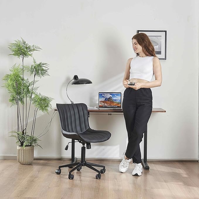 YOUNIKE Office Chair Swivel Desk Chair Upholstered Faux Leather Height Adjustable with Wheels Computer Task Chair Modern Rolling Armless Back, Black, Loads 300 lbs - LeafyLoom