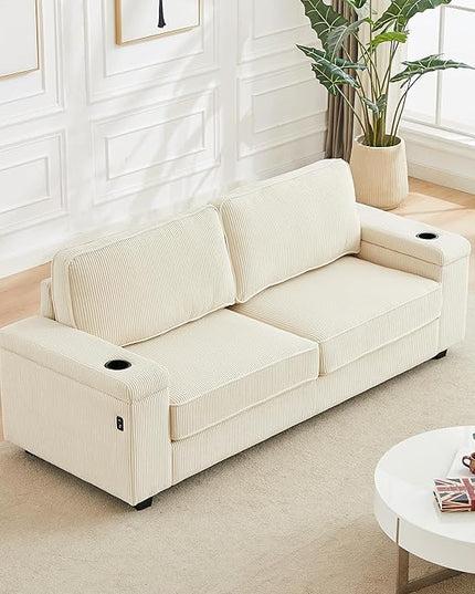 Modern Living Room Upholstered 3 Seater Sofa Couch Deep Seat Soft Corduroy Sofa&Couch with Storage Armrests, 2 Cupholders, Type-C and USB Charging Ports for Home, Apartment, Office - LeafyLoom
