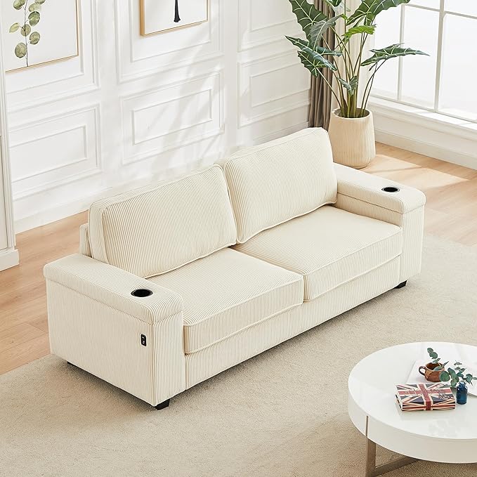 Modern Living Room Upholstered 3 Seater Sofa Couch Deep Seat Soft Corduroy Sofa&Couch with Storage Armrests, 2 Cupholders, Type-C and USB Charging Ports for Home, Apartment, Office - LeafyLoom