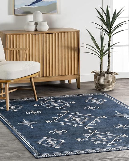 nuLOOM Evalyn Southwestern Machine Washable Ultra Thin Area Rug, 8x10, Navy - LeafyLoom