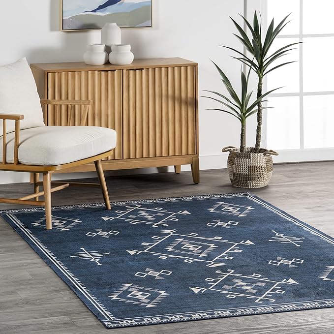 nuLOOM Evalyn Southwestern Machine Washable Ultra Thin Area Rug, 8x10, Navy - LeafyLoom
