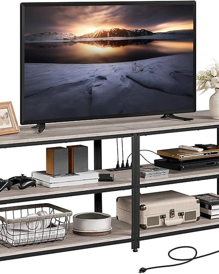 Yaheetech TV Stand with Power Outlet for 75 Inch TV, 3 Tiers TV Storage Cabinet Entertainment Center, Retro 63 Inch Long TV Console Table with Charging Station for Living Room, Gray - LeafyLoom