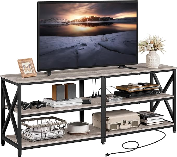 Yaheetech TV Stand with Power Outlet for 75 Inch TV, 3 Tiers TV Storage Cabinet Entertainment Center, Retro 63 Inch Long TV Console Table with Charging Station for Living Room, Gray - LeafyLoom