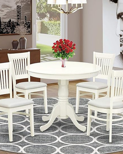 East West Furniture ANVA5-LWH-C 5 Piece Dining Room Table Set Includes a Round Kitchen Table with Pedestal and 4 Linen Fabric Upholstered Dining Chairs, 36x36 Inch, Linen White - LeafyLoom
