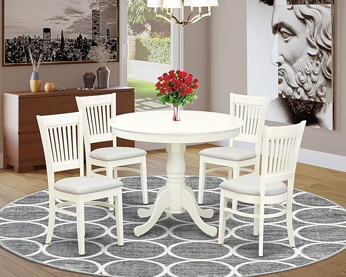 East West Furniture ANVA5-LWH-C 5 Piece Dining Room Table Set Includes a Round Kitchen Table with Pedestal and 4 Linen Fabric Upholstered Dining Chairs, 36x36 Inch, Linen White - LeafyLoom