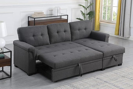 L-Shape Sectional Sleeper Couches with Chaise Storage and Pull, 84 inch 3 Seater Sofa Bed w/Tufted Linen Backrest for Living Spaces Apartment Dorm, Gray, 84inch, Dark Grey-4 - LeafyLoom