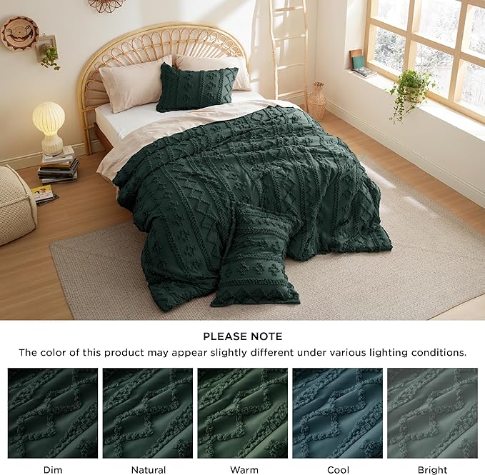 Bedsure Tufted Boho Comforter Set King - Dark Emerald Green Boho Bedding Comforter Set, 3 Pieces Farmhouse Shabby Chic Embroidery Bed Set, Soft Jacquard Comforter for All Seasons - LeafyLoom