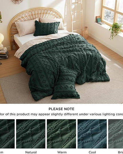 Bedsure Tufted Boho Comforter Set Queen - Dark Emerald Green Boho Bedding Comforter Set, 3 Pieces Farmhouse Shabby Chic Embroidery Bed Set, Soft Jacquard Comforter for All Seasons - LeafyLoom