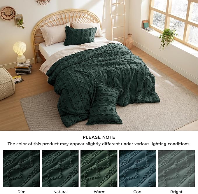 Bedsure Tufted Boho Comforter Set Queen - Dark Emerald Green Boho Bedding Comforter Set, 3 Pieces Farmhouse Shabby Chic Embroidery Bed Set, Soft Jacquard Comforter for All Seasons - LeafyLoom