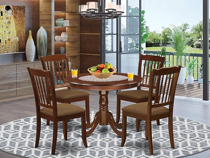 East West Furniture HLDA5-MAH-C 5 Piece Kitchen Table Set for 4 Includes a Round Dining Room Table with Pedestal and 4 Linen Fabric Upholstered Dining Chairs, 42x42 Inch, Mahogany - LeafyLoom