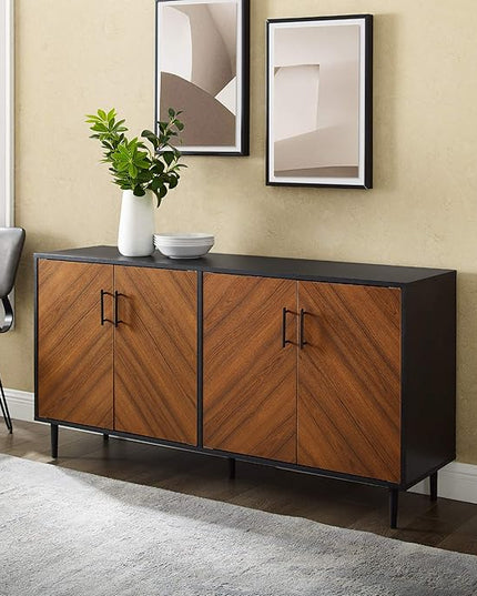 Walker Edison Caye Modern 4 Door Bookmatch Buffet, 58 Inch, Acorn/Black - LeafyLoom