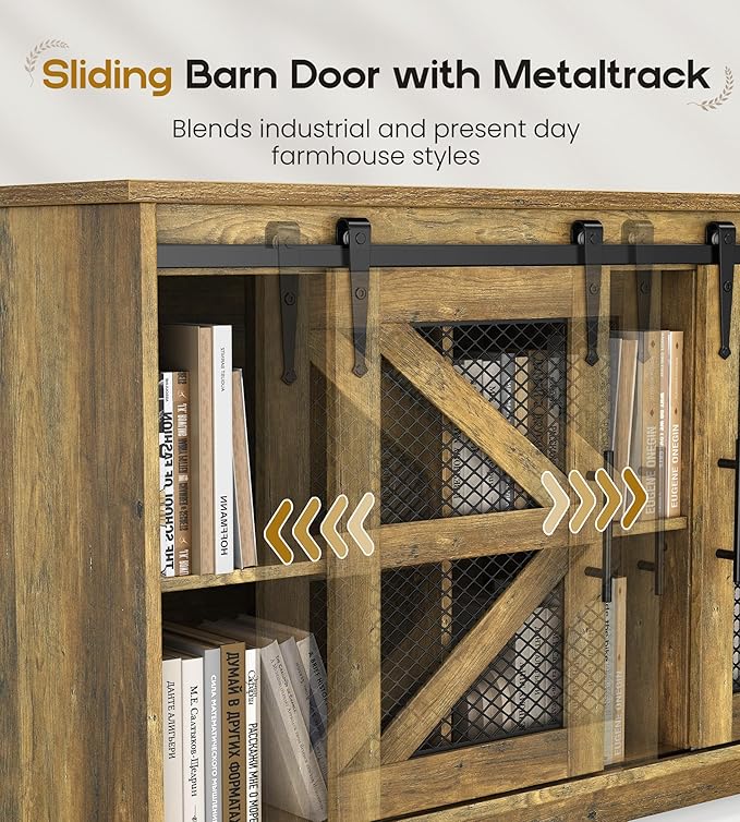 Rustic Corner Desk with Storage, L Shaped Farmhouse Office Desk with Sufficient Storage Capacity, Built-in Power Socket and Barn Door Design - LeafyLoom