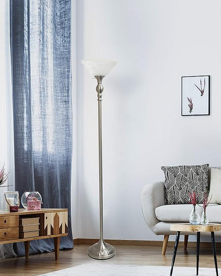 Elegant Designs LF2001-BSN 1 Light Torchiere Marbleized White Glass Shade Floor Lamp, Brushed Nickel - LeafyLoom