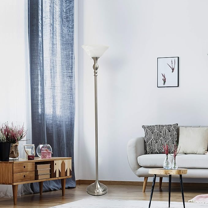 Elegant Designs LF2001-BSN 1 Light Torchiere Marbleized White Glass Shade Floor Lamp, Brushed Nickel - LeafyLoom