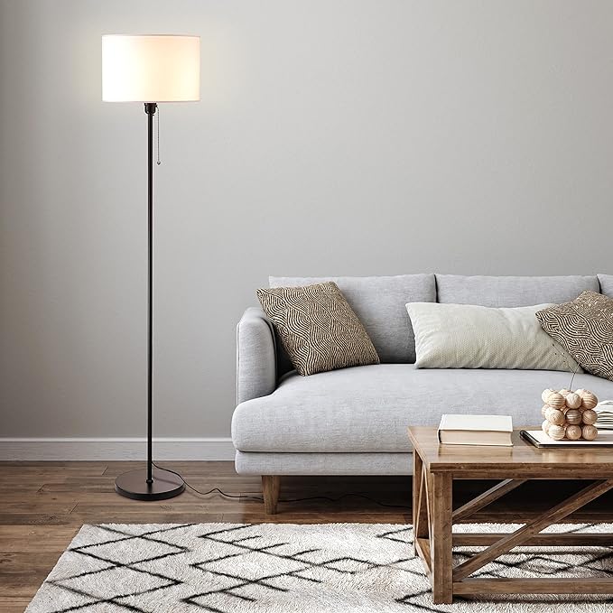 O’Bright Ted - Drum Shade Standing Lamp, Pull Chain Switch, E26 Socket, Modern Minimalist Design, Simple Floor Lamp for Living Room, Bedroom, Office, Black - LeafyLoom