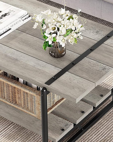 Towallmark 2-Tier Wood Coffee Table, Farmhouse Coffee Table with Storage Shelf- Rustic Metal Rectangle Center Living Room Coffee Table Accent Furniture for Home Office (Gray) - LeafyLoom