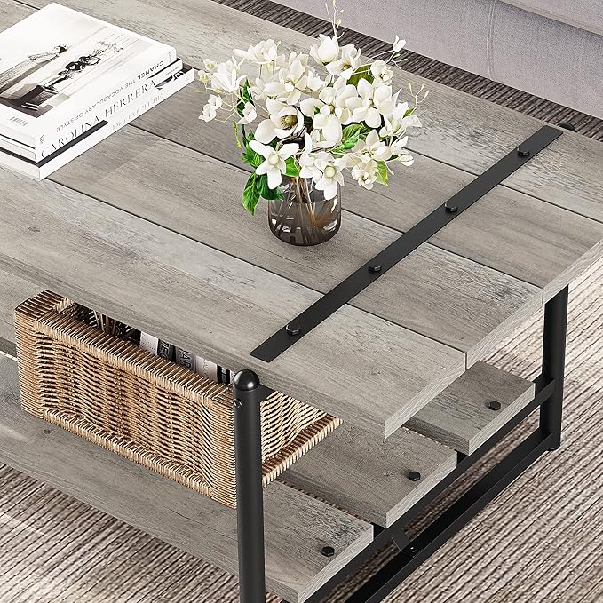 Towallmark 2-Tier Wood Coffee Table, Farmhouse Coffee Table with Storage Shelf- Rustic Metal Rectangle Center Living Room Coffee Table Accent Furniture for Home Office (Gray) - LeafyLoom