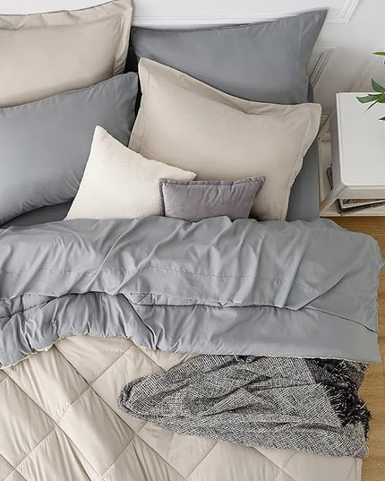 Bedsure Beige Twin XL Comforter Sets - 5 Pieces Reversible Twin XL Bedding Sets, Bed Sets Comforters, Sheets, Pillowcase & Sham, Grey XL Twin Bed in a Bag for College - LeafyLoom