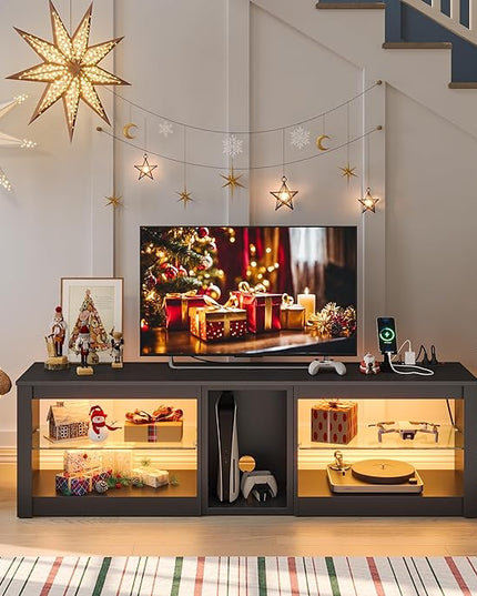Bestier TV Stand for 70 inch TV with Power Outlets, LED Entertainment Center for PS5, Gaming TV Consoles with Glass Shelves for Living Room, 63'' Inch, Black Carbon Fiber - LeafyLoom