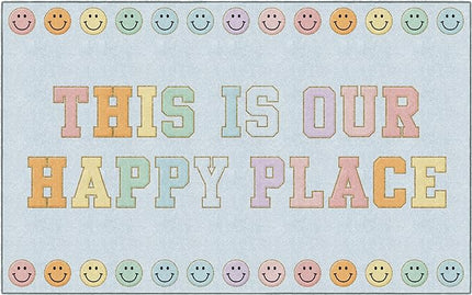Flagship Carpets Schoolgirl Style This is Our Happy Place on Blue Educational Area Rug for Kids Room Seating Décor, Children's Classroom, Play Carpet for Teaching and Playroom, 7'6" x 12' - LeafyLoom