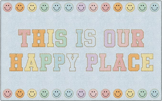 Flagship Carpets Schoolgirl Style This is Our Happy Place on Blue Educational Area Rug for Kids Room Seating Décor, Children's Classroom, Play Carpet for Teaching and Playroom, 7'6" x 12' - LeafyLoom
