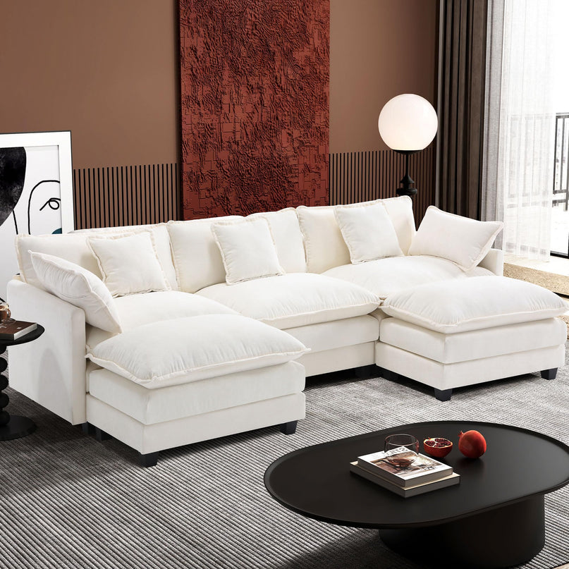 Ihanherry 111.4" L Shaped Modern Sofa Modular Sectional Cloud Couch with Ottoman, 4-Seat Chenille Deep Seat Sofa with Pillow for Living Room, Bedroom and Apartment, Beige LeafyLoom