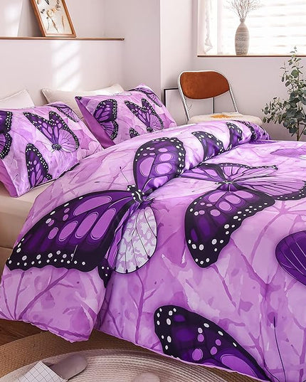 Btargot 3 Piece Purple Butterfly Girls Kids Adults Full Size Comforter Set, Lightweight Soft All Season Bedding Set with 2 Pillowcases - LeafyLoom