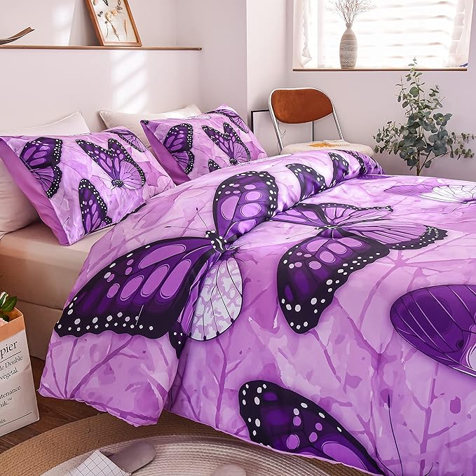 Btargot 3 Piece Purple Butterfly Girls Kids Adults Full Size Comforter Set, Lightweight Soft All Season Bedding Set with 2 Pillowcases - LeafyLoom
