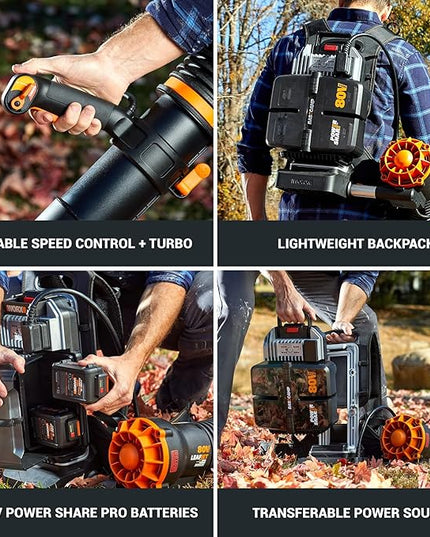 Worx Nitro 80V Cordless Leaf Blower, 800 CFM 150 MPH, Brushless Backpack Electric Leaf Blower WG572, Turbine Fan, Variable Air Control – 4 PowerShare Batteries, Basecamp Charger Included - LeafyLoom