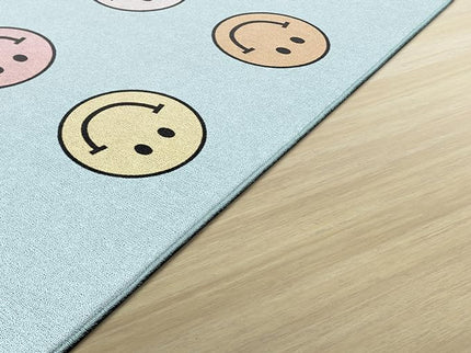 Flagship Carpets Schoolgirl Style Pastel Rainbow Smileys Criss-Cross Applesauce Educational Area Rug for Kids Room, Children's Classroom for Teaching and Playroom, 5' x 7'6", Multi, Seats 20 - LeafyLoom